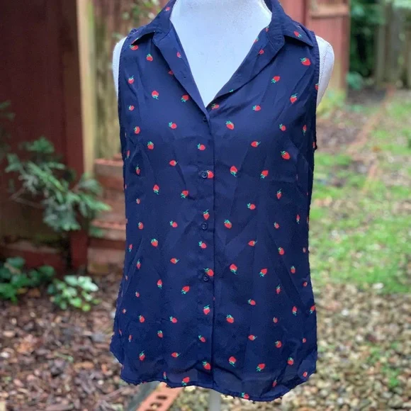 Banana Republic Blue Sleeveless Blouse with Notched Collar - Picture 1 of 5